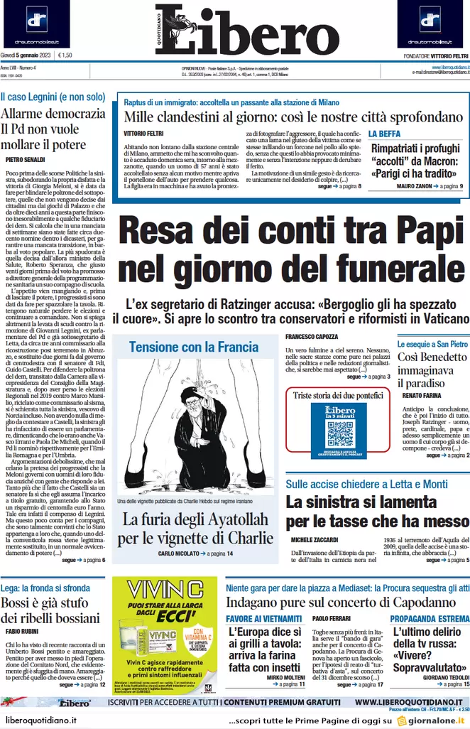 Prime pagine giornali 5 gennaio 2023. Covid, tamponi a chi vola dalla Cina