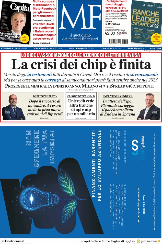 Prime pagine giornali economici 5 gennaio. Borse su, il rally di inizio anno