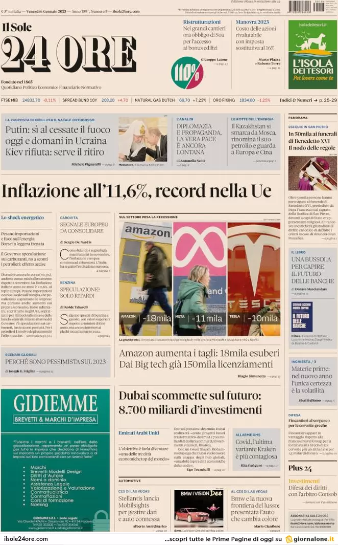 Prime pagine giornali 6 gennaio 2023. Guerra, la tregua truffa della Russia
