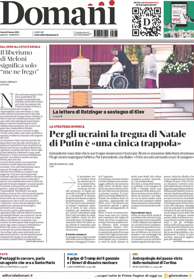 Prime pagine giornali 6 gennaio 2023. Guerra, la tregua truffa della Russia