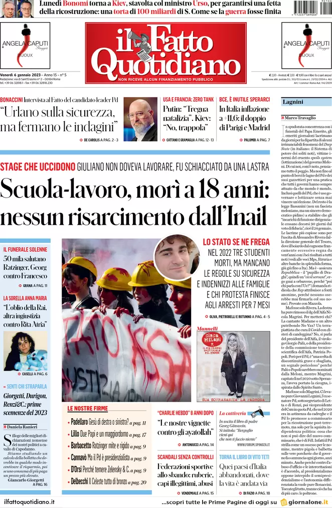 Prime pagine giornali 6 gennaio 2023. Guerra, la tregua truffa della Russia