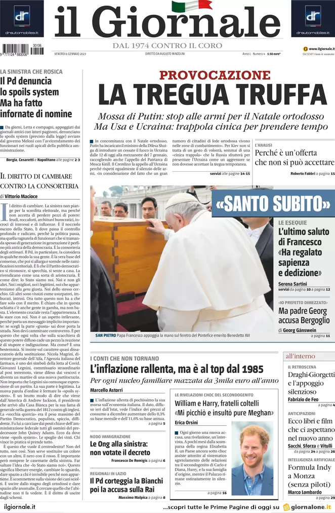 Prime pagine giornali 6 gennaio 2023. Guerra, la tregua truffa della Russia