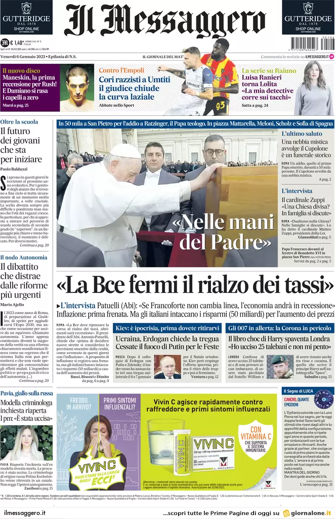 Prime pagine giornali 6 gennaio 2023. Guerra, la tregua truffa della Russia