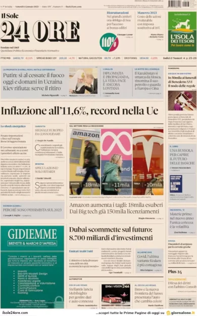 Prime pagine giornali economici 6 gennaio. Italia, inflazione record: 11,6%