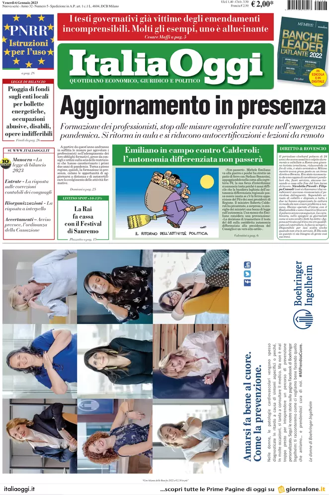 Prime pagine giornali economici 6 gennaio. Italia, inflazione record: 11,6%