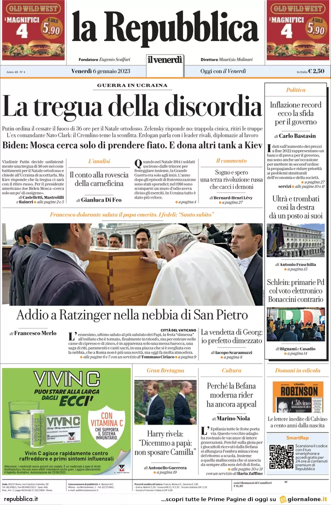 Prime pagine giornali 6 gennaio 2023. Guerra, la tregua truffa della Russia
