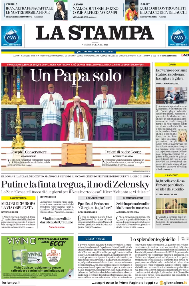 Prime pagine giornali 6 gennaio 2023. Guerra, la tregua truffa della Russia