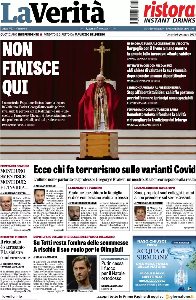 Prime pagine giornali 6 gennaio 2023. Guerra, la tregua truffa della Russia
