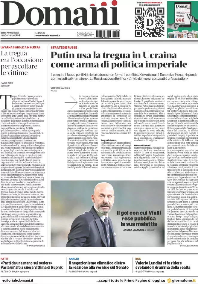 Prime pagine giornali 7 gennaio 2023. Scudo italiano a Kiev e ira Bergoglio