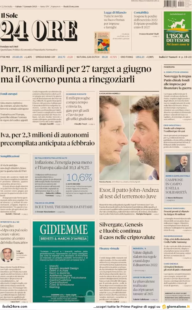 Prime pagine giornali economici 7 gennaio. Iva, la precompilata a febbraio