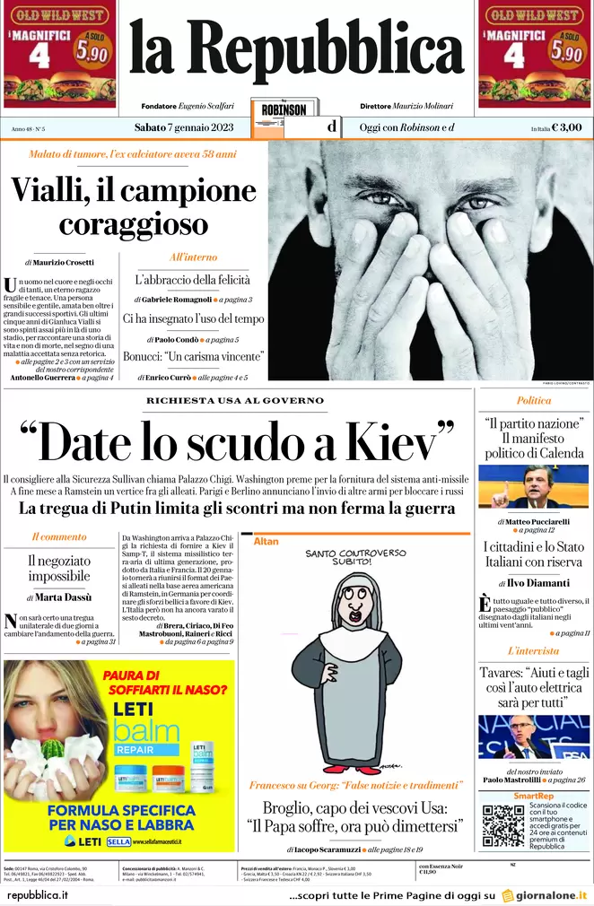 Prime pagine giornali 7 gennaio 2023. Scudo italiano a Kiev e ira Bergoglio