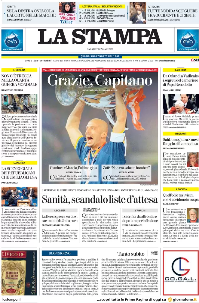 Prime pagine giornali 7 gennaio 2023. Scudo italiano a Kiev e ira Bergoglio
