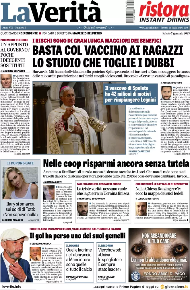 Prime pagine giornali 7 gennaio 2023. Scudo italiano a Kiev e ira Bergoglio