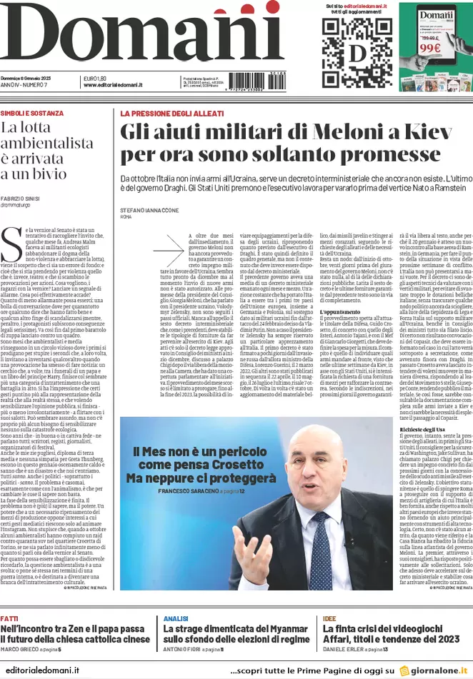 Prime pagine giornali 8 gennaio 2023. Benzina prezzi impazziti. Migranti al Pd