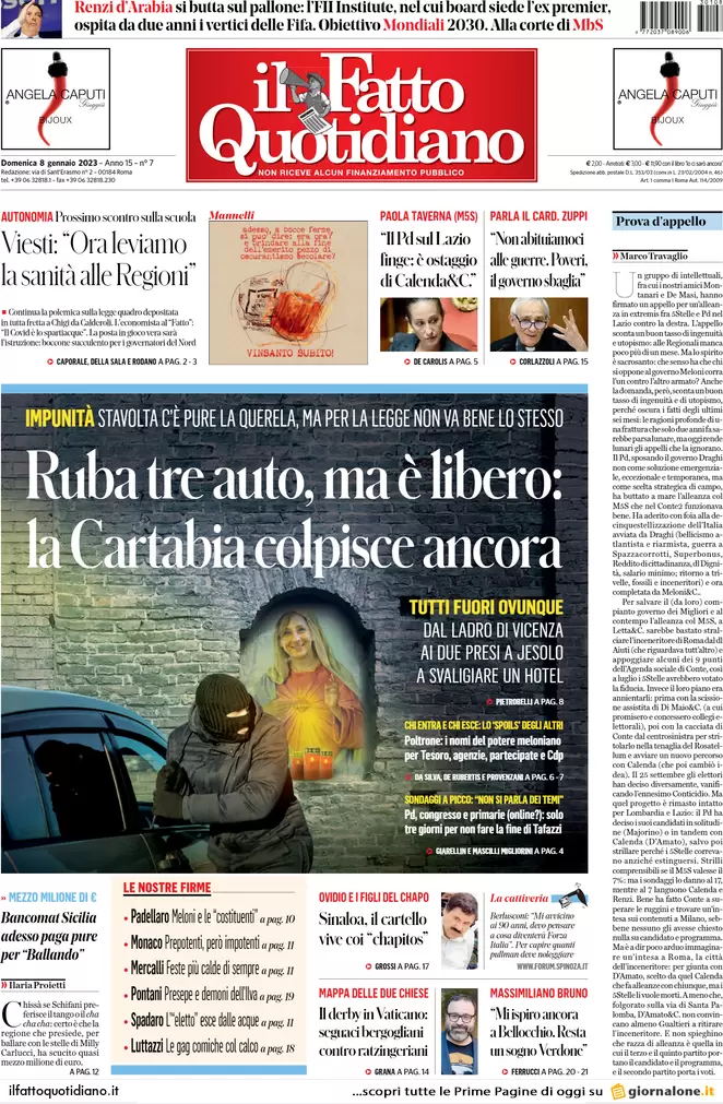 Prime pagine giornali 8 gennaio 2023. Benzina prezzi impazziti. Migranti al Pd