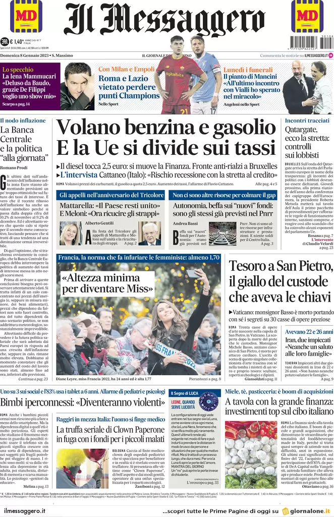 Prime pagine giornali 8 gennaio 2023. Benzina prezzi impazziti. Migranti al Pd