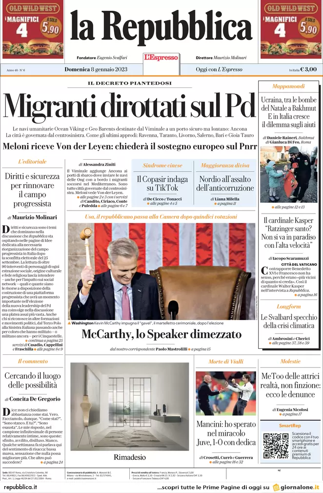 Prime pagine giornali 8 gennaio 2023. Benzina prezzi impazziti. Migranti al Pd