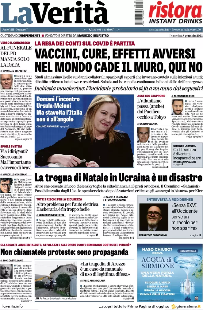 Prime pagine giornali 8 gennaio 2023. Benzina prezzi impazziti. Migranti al Pd
