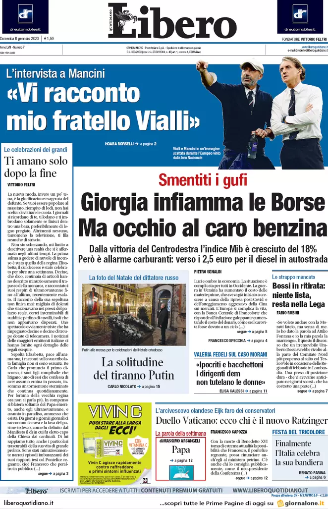Prime pagine giornali 8 gennaio 2023. Benzina prezzi impazziti. Migranti al Pd