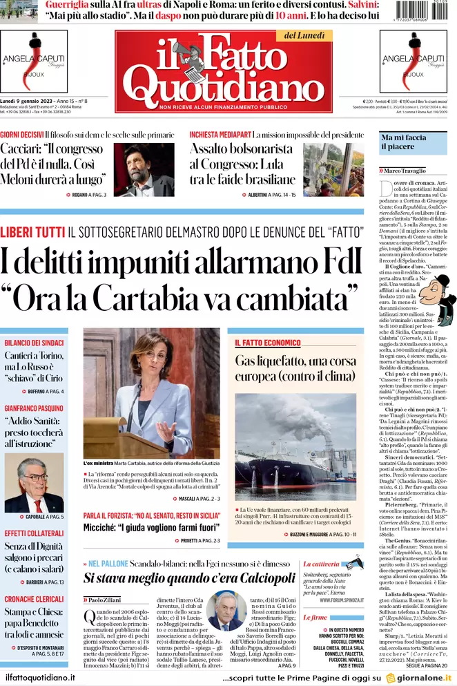 Prime pagine giornali 9 gennaio 2023. Armi all’Ucraina, i tempi si allungano