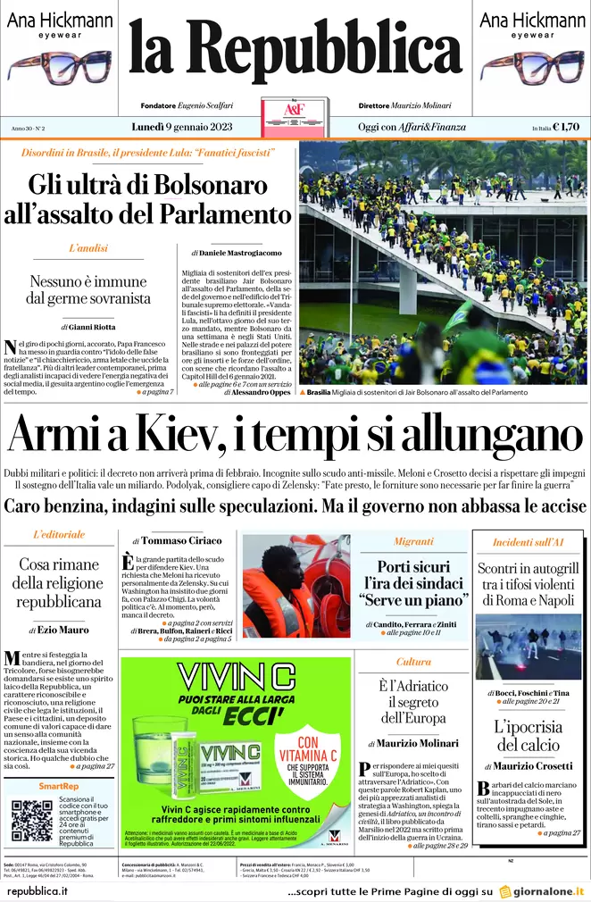 Prime pagine giornali 9 gennaio 2023. Armi all’Ucraina, i tempi si allungano