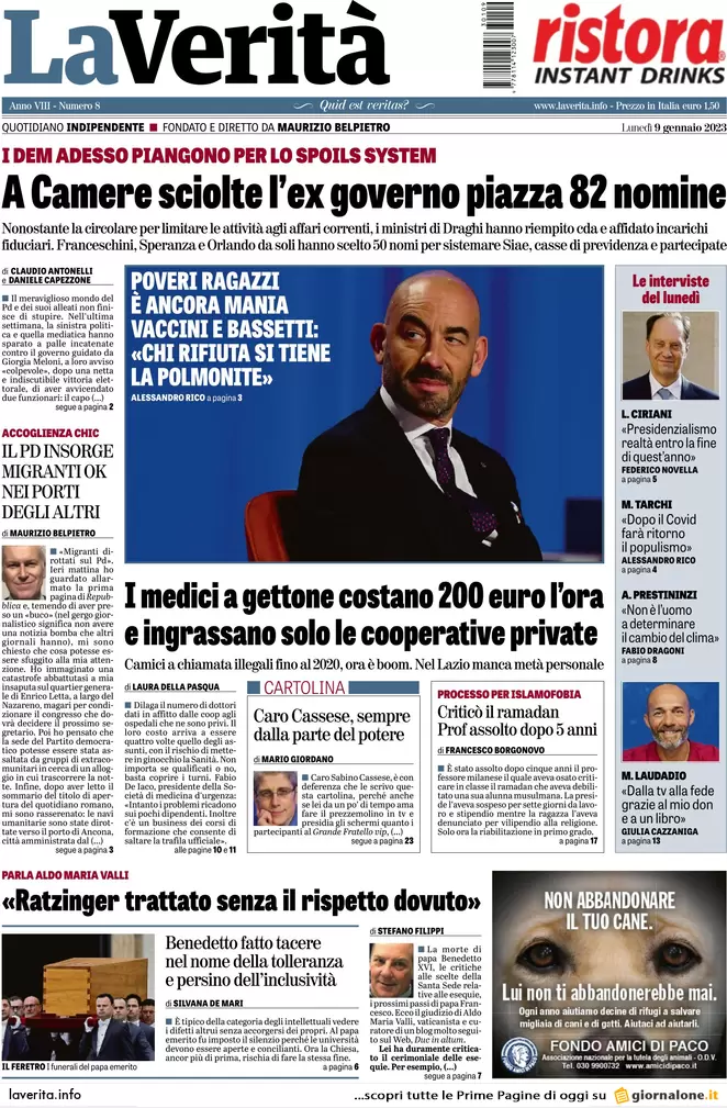 Prime pagine giornali 9 gennaio 2023. Armi all’Ucraina, i tempi si allungano