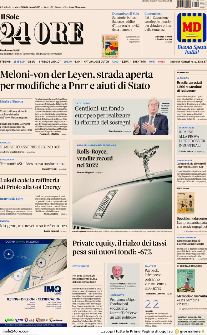 Prime pagine giornali 10 gennaio 2023. L’Italia darà lo scudo aereo a Kiev