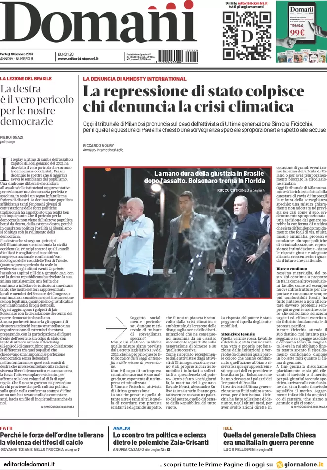 Prime pagine giornali 10 gennaio 2023. L’Italia darà lo scudo aereo a Kiev