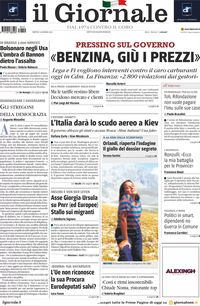 Prime pagine giornali 10 gennaio 2023. L’Italia darà lo scudo aereo a Kiev