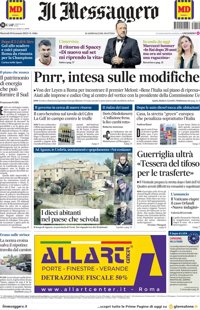 Prime pagine giornali 10 gennaio 2023. L’Italia darà lo scudo aereo a Kiev