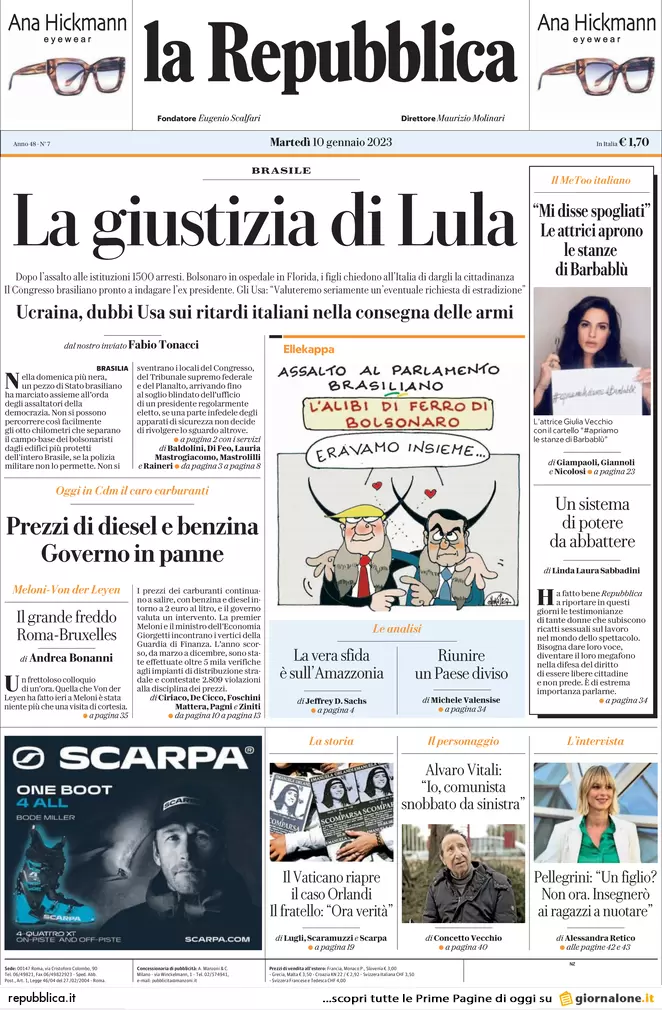 Prime pagine giornali 10 gennaio 2023. L’Italia darà lo scudo aereo a Kiev