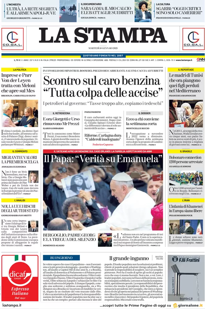 Prime pagine giornali 10 gennaio 2023. L’Italia darà lo scudo aereo a Kiev