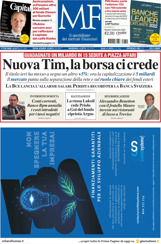 Prime pagine giornali economici 10 gennaio. Nuova Tim, la borsa ci crede