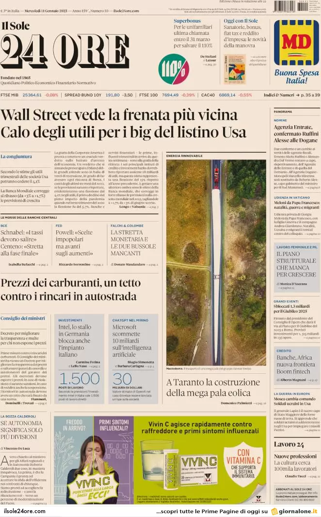 Prime pagine giornali 11 gennaio 2023. Bolsonaro rischia il blocco dei conti