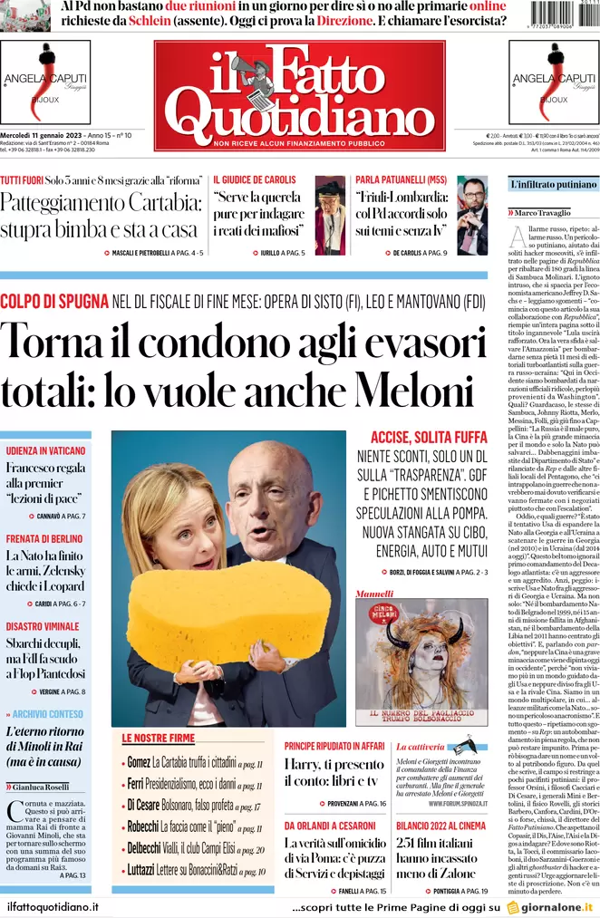 Prime pagine giornali 11 gennaio 2023. Bolsonaro rischia il blocco dei conti