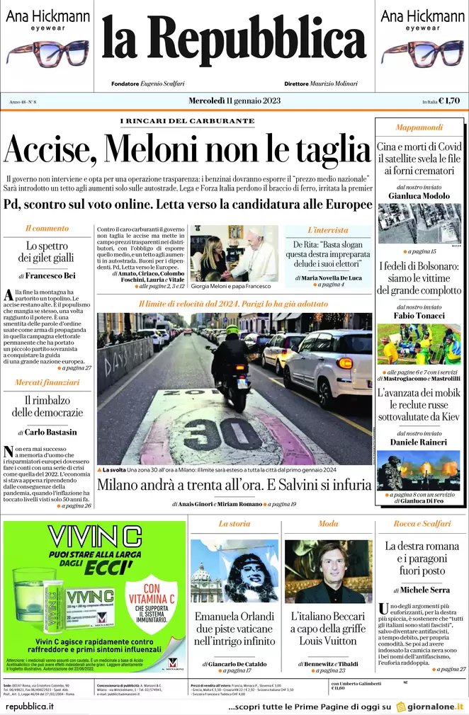 Prime pagine giornali 11 gennaio 2023. Bolsonaro rischia il blocco dei conti