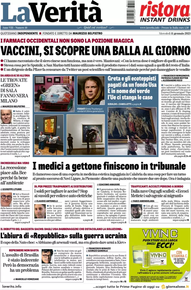 Prime pagine giornali 11 gennaio 2023. Bolsonaro rischia il blocco dei conti