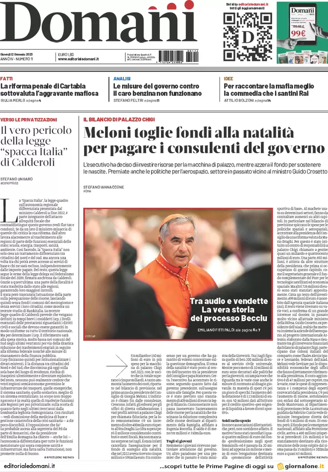 Prime pagine giornali 12 gennaio 2023. Accise, resa di Meloni: “Impossibile”
