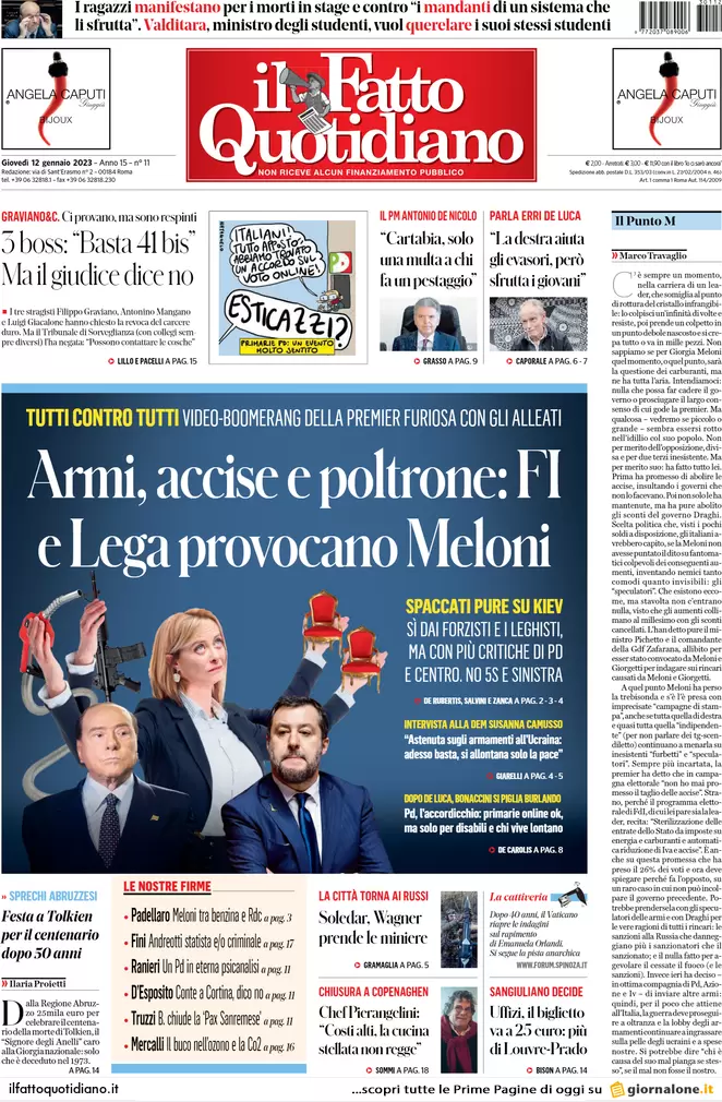 Prime pagine giornali 12 gennaio 2023. Accise, resa di Meloni: “Impossibile”