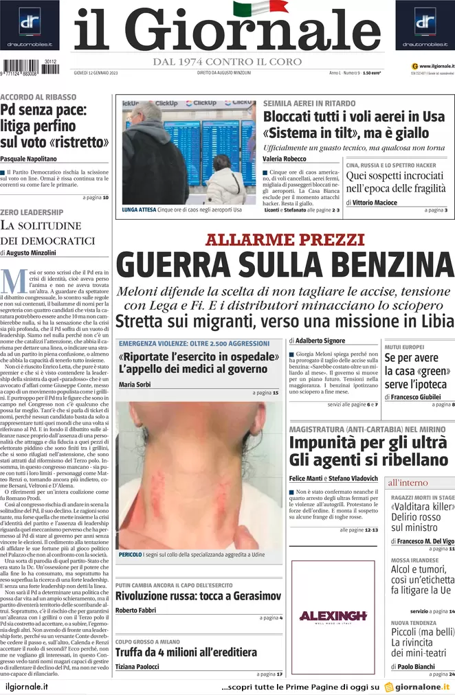 Prime pagine giornali 12 gennaio 2023. Accise, resa di Meloni: “Impossibile”