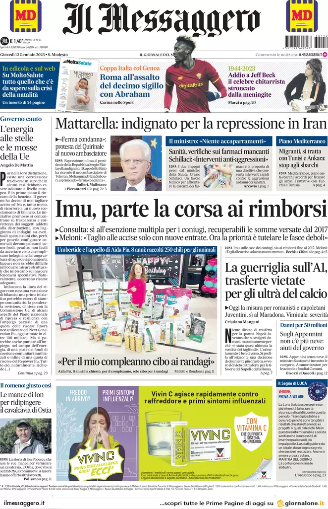 Prime pagine giornali 12 gennaio 2023. Accise, resa di Meloni: “Impossibile”