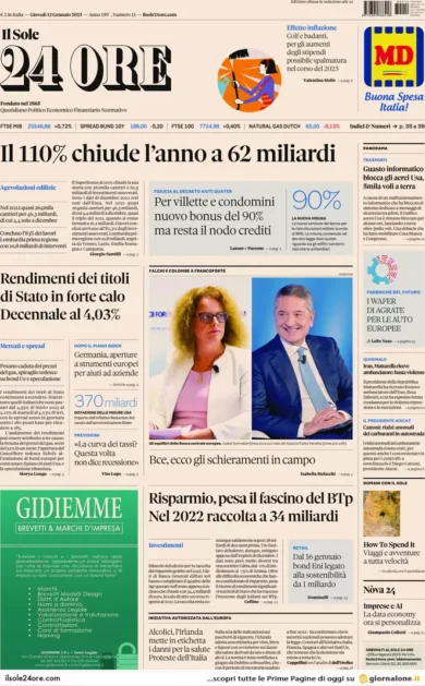 Prime pagine giornali economici 12 gennaio. Superbonus 110%, 62 mld nel 2022