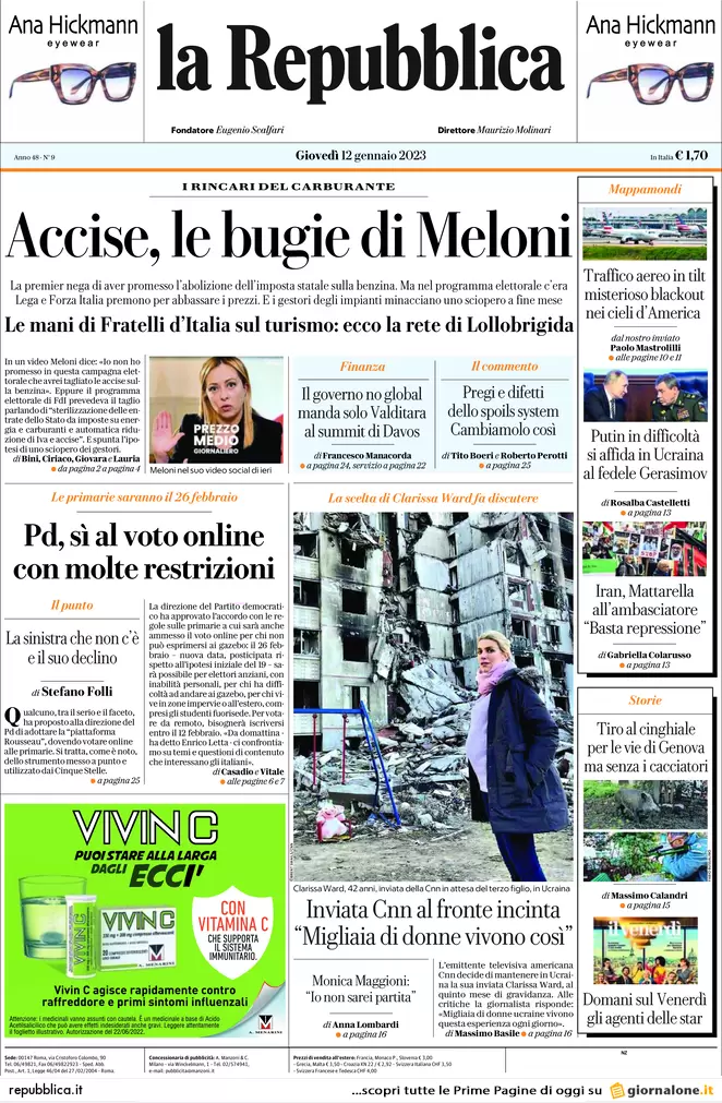 Prime pagine giornali 12 gennaio 2023. Accise, resa di Meloni: “Impossibile”