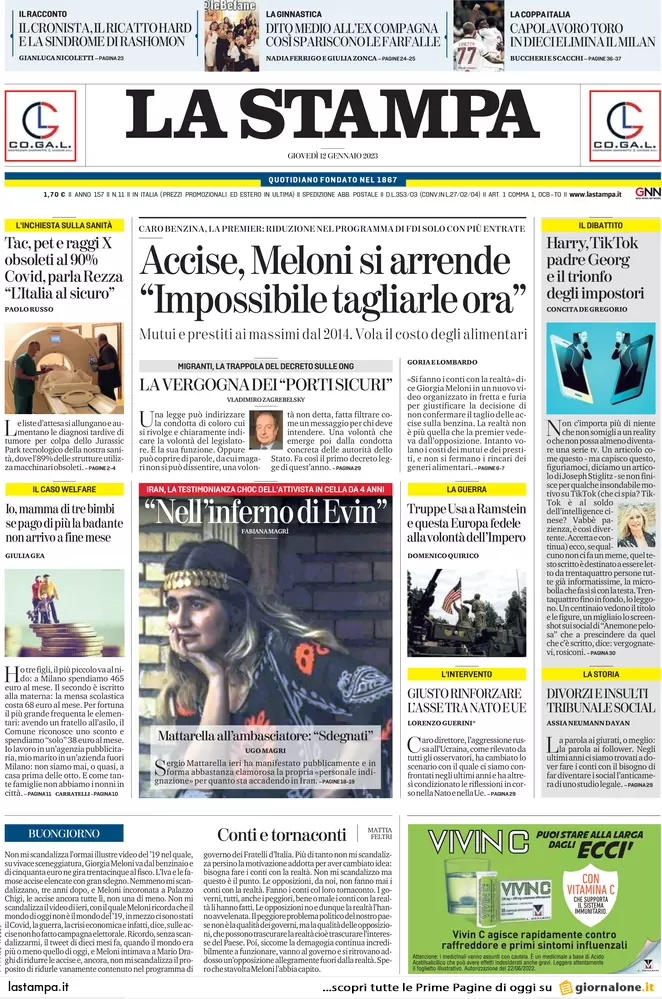 Prime pagine giornali 12 gennaio 2023. Accise, resa di Meloni: “Impossibile”