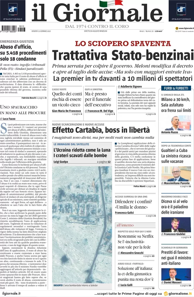 Prime pagine giornali 13 gennaio 2023. Benzina e accise, il governo è in panne Prime pagine giornali 13 gennaio 2023. Benzina e accise, il governo è in panne