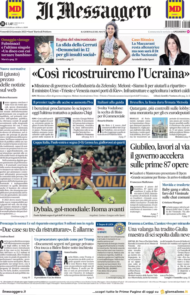 Prime pagine giornali 13 gennaio 2023. Benzina e accise, il governo è in panne Prime pagine giornali 13 gennaio 2023. Benzina e accise, il governo è in panne