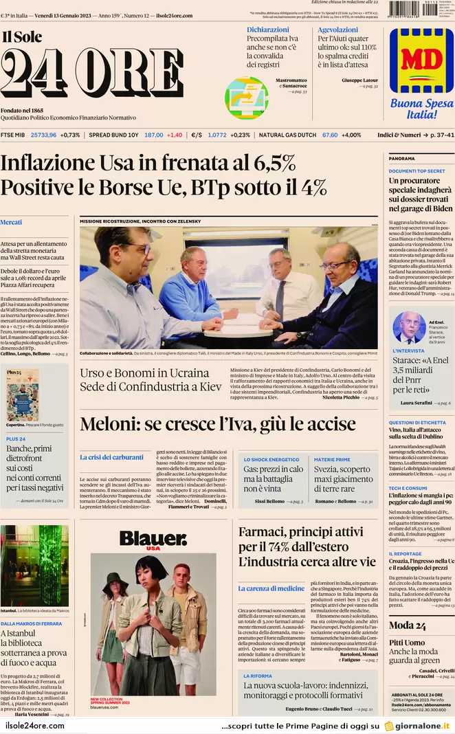 Prime pagine giornali economici 13 gennaio. Inflazione Usa in frenata: 6,5% Prime pagine giornali economici 13 gennaio. Inflazione Usa in frenata: 6,5%