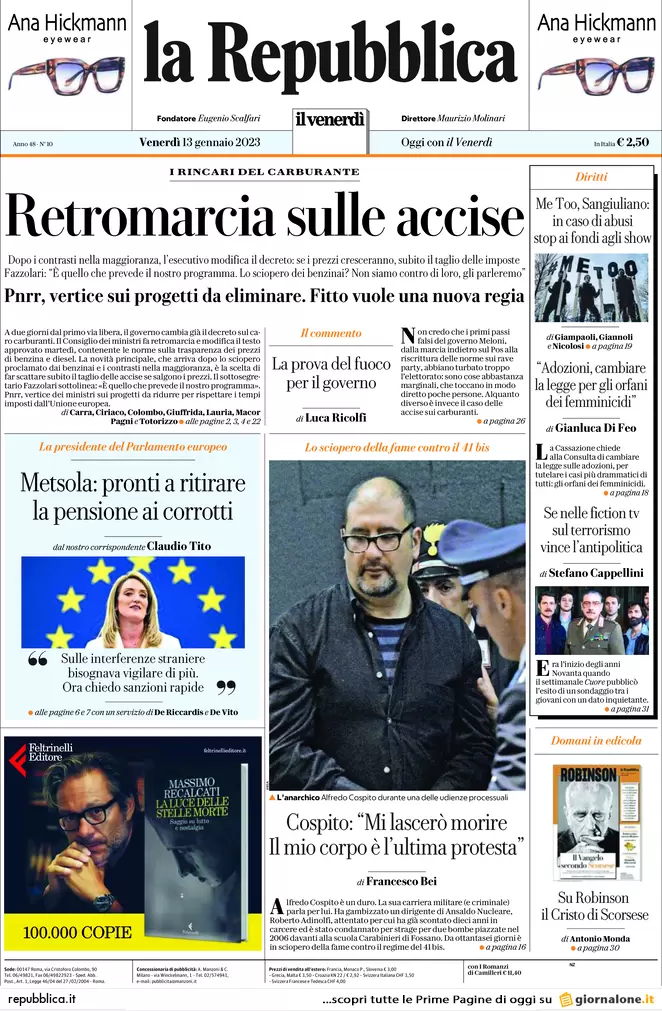 Prime pagine giornali 13 gennaio 2023. Benzina e accise, il governo è in panne Prime pagine giornali 13 gennaio 2023. Benzina e accise, il governo è in panne