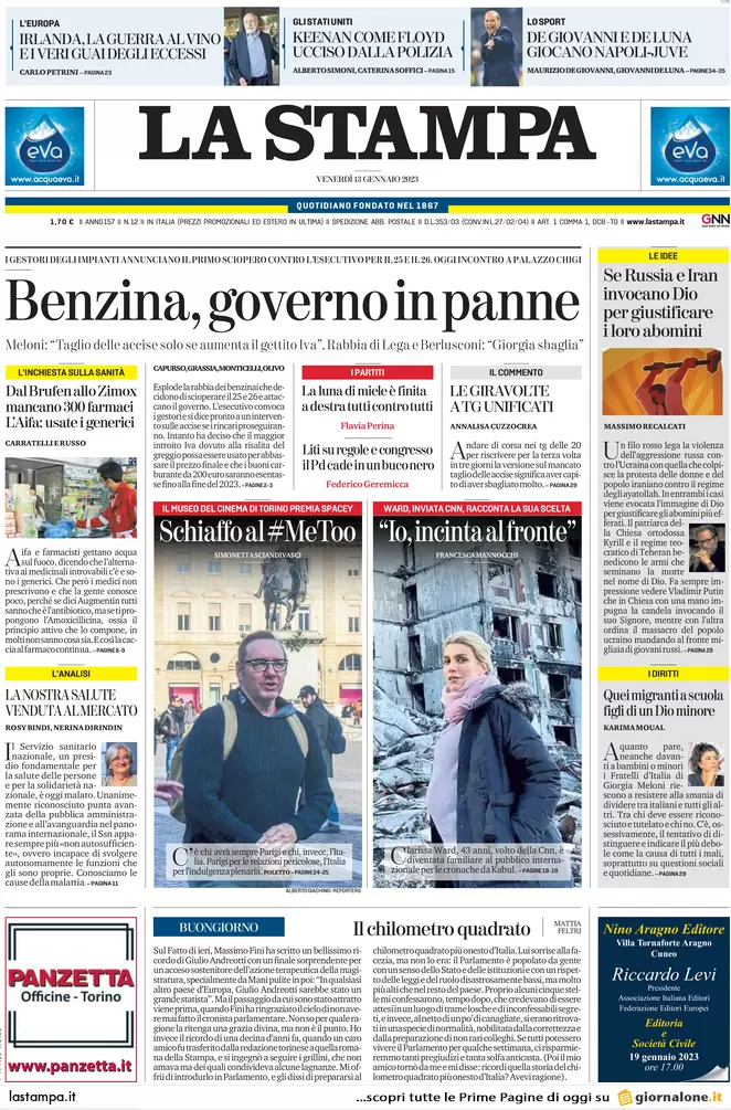 Prime pagine giornali 13 gennaio 2023. Benzina e accise, il governo è in panne Prime pagine giornali 13 gennaio 2023. Benzina e accise, il governo è in panne