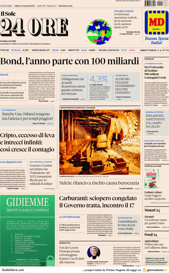 Prime pagine giornali economici 14 gennaio. Bond, l’anno parte a 100 miliardi Prime pagine giornali economici 14 gennaio. Bond, l’anno parte a 100 miliardi
